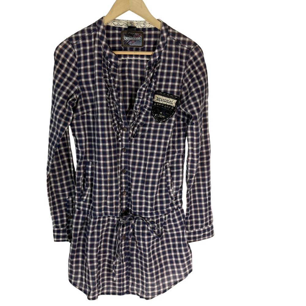 Desigual Navy Plaid Ruffle Tunic Dress Sequined 84 Embellished Small